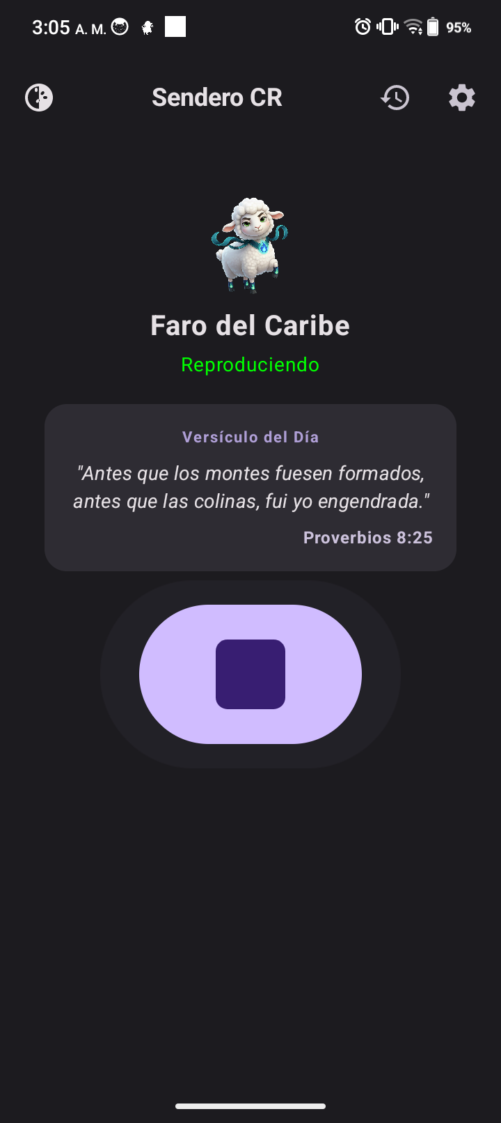SenderoCR Android reproduciendo Faro del Caribe con versiculo del dia