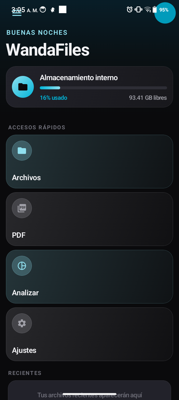 Pantalla principal de Wanda Files mostrando almacenamiento interno y accesos rapidos